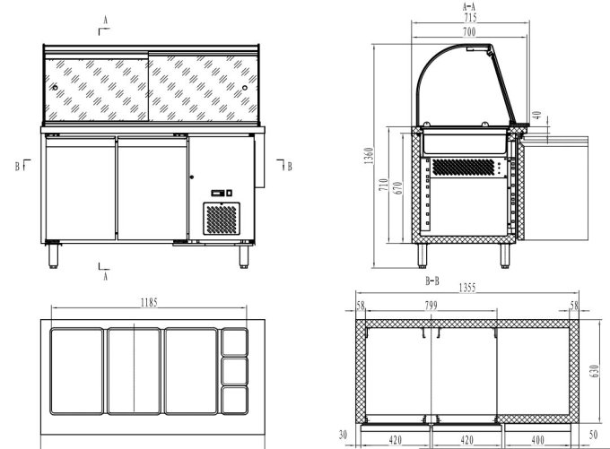 700 TABLE RÉFRIGÉRÉE AVEC VERRE 2 PORTES  3X 1/1 + 3X 1/6 GN RÉCIPIENT