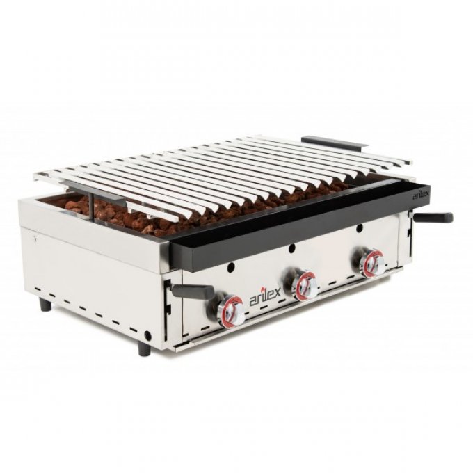 Barbecue à gaz avec pierre volcanique et grille inoxydable côtelée réglable sur 3 hauteurs 900X600X2